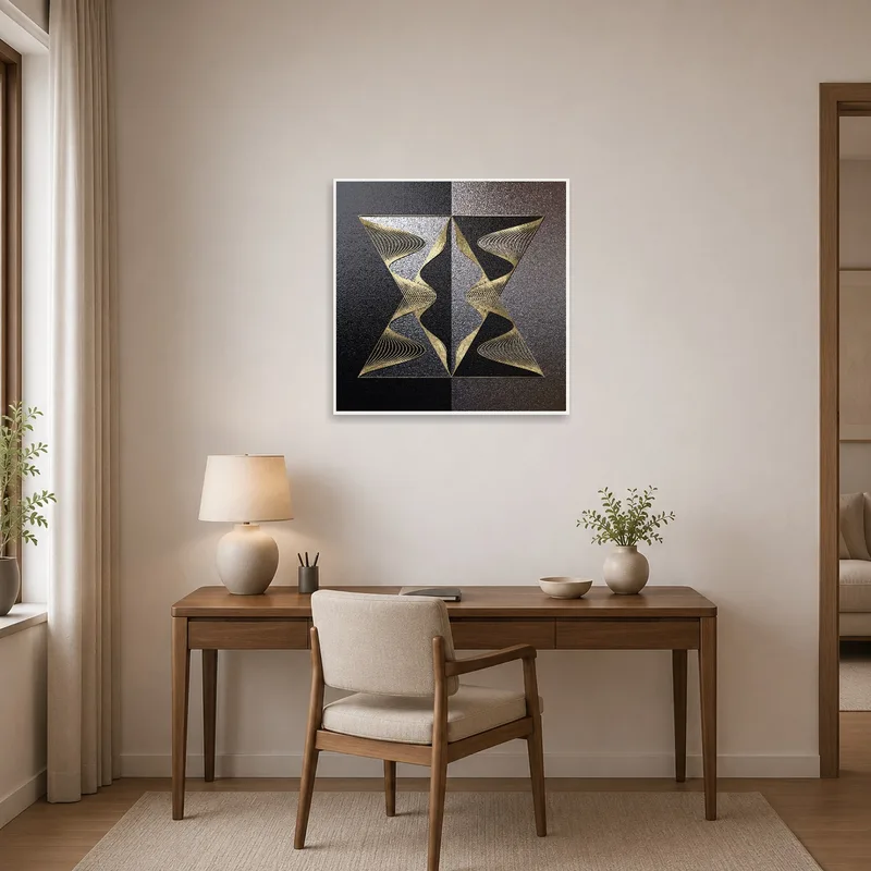 Geometric artwork adding a modern touch to a sleek home office.