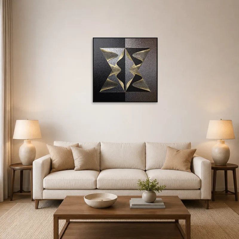 Black and gold geometric art piece hanging in a stylish living room.