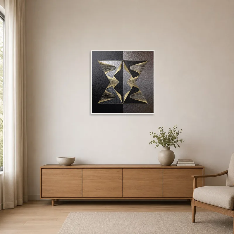 Gold and black geometric art on a minimalist white wall.