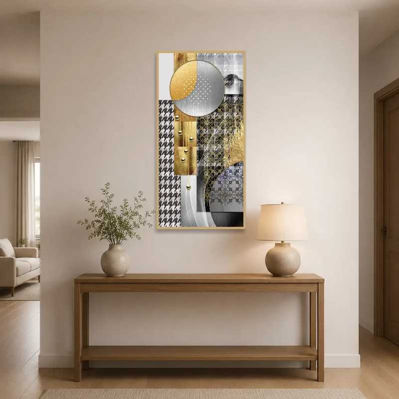 Elegant geometric art adds style to the entryway.