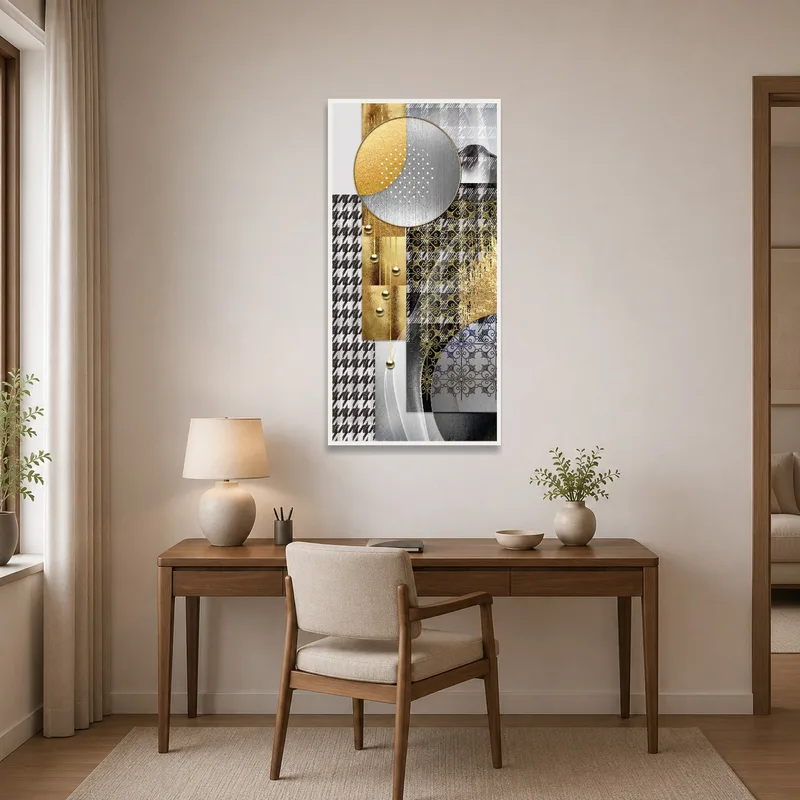Sophisticated art enhances a sleek modern workspace.