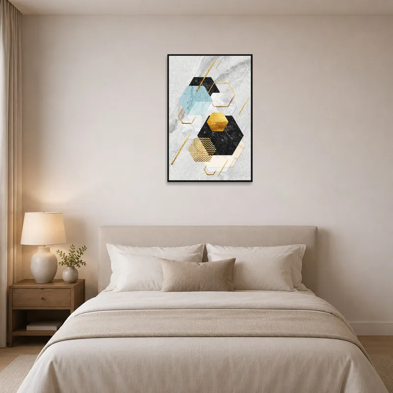 Bedroom with elegant marble and gold geometric wall art.