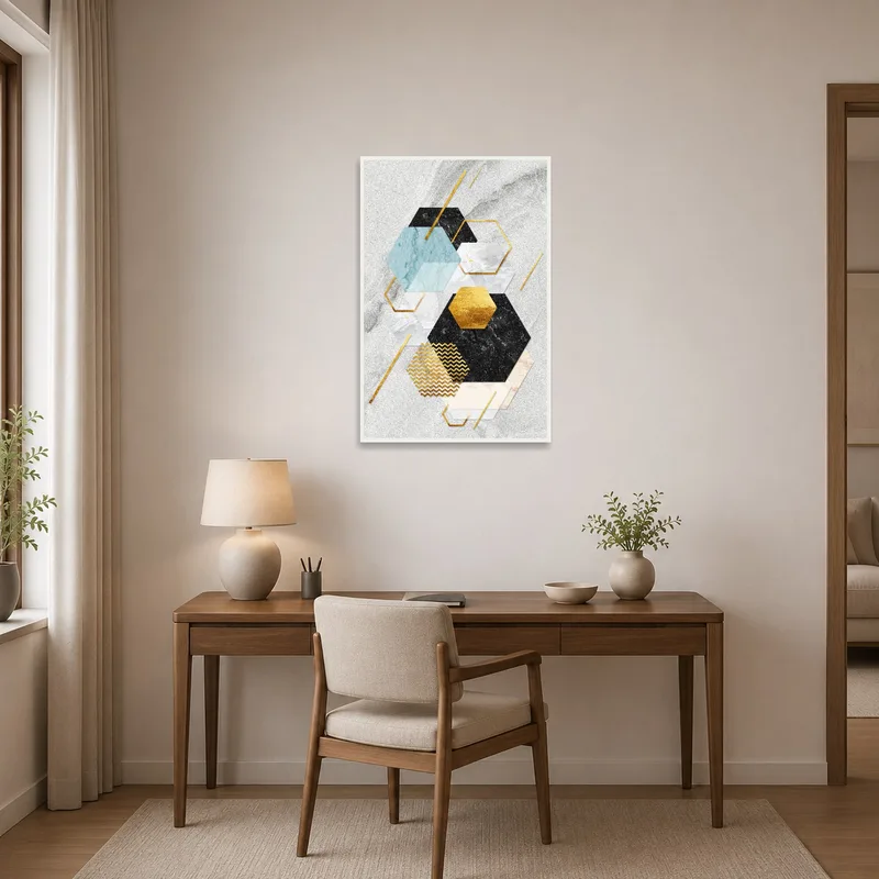 Home office displaying a geometric artwork in marble and gold tones.