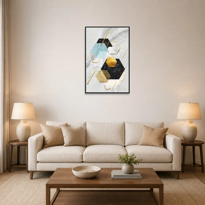 A geometric marble and gold artwork accents the living-room wall.