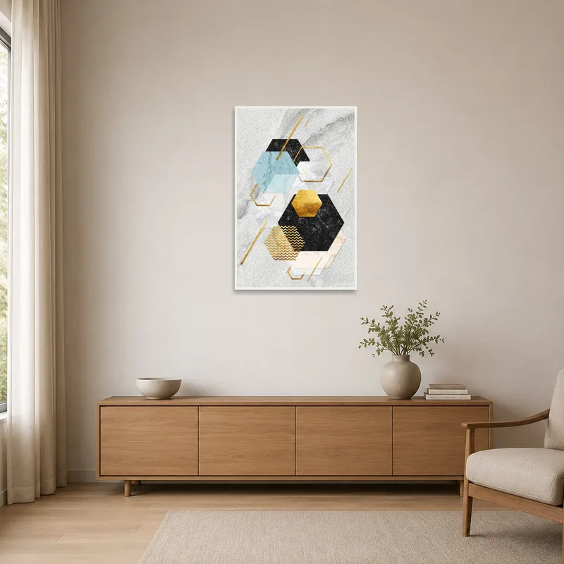 Minimalist space with a geometric marble and gold wall piece.