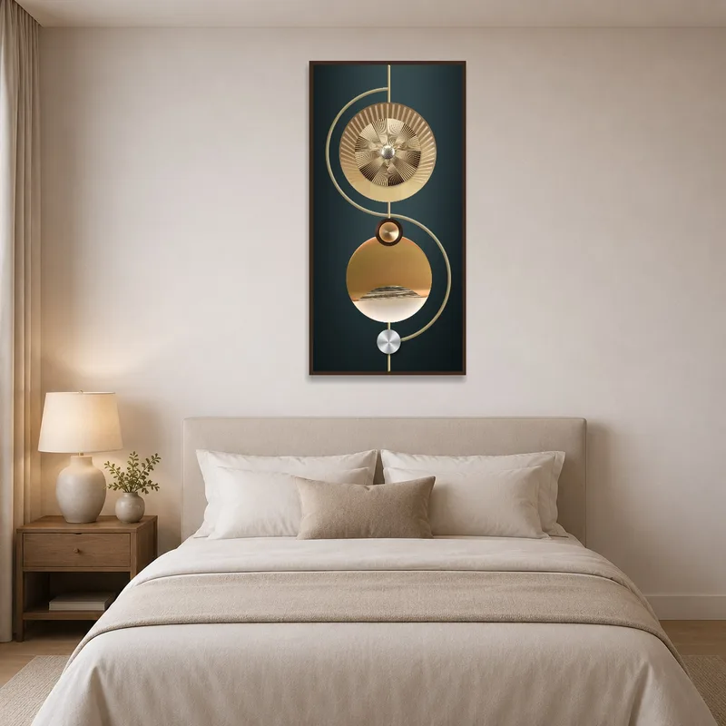 Metallic geometric art adding a touch of elegance above a serene bed.