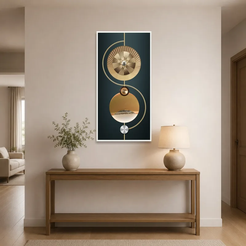 Elegant geometric art in metallic hues welcoming guests in the entrance hall.