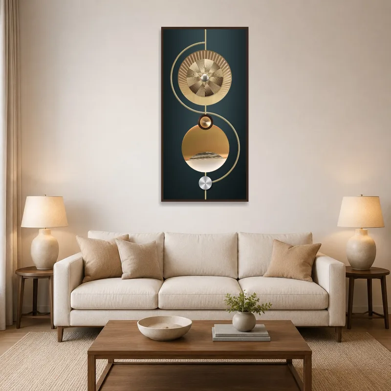Sophisticated geometric art in metallic tones displayed above a modern sofa.