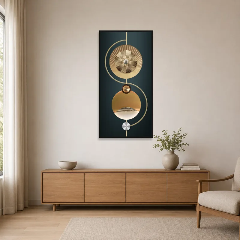 Sleek metallic geometric art against crisp white walls.