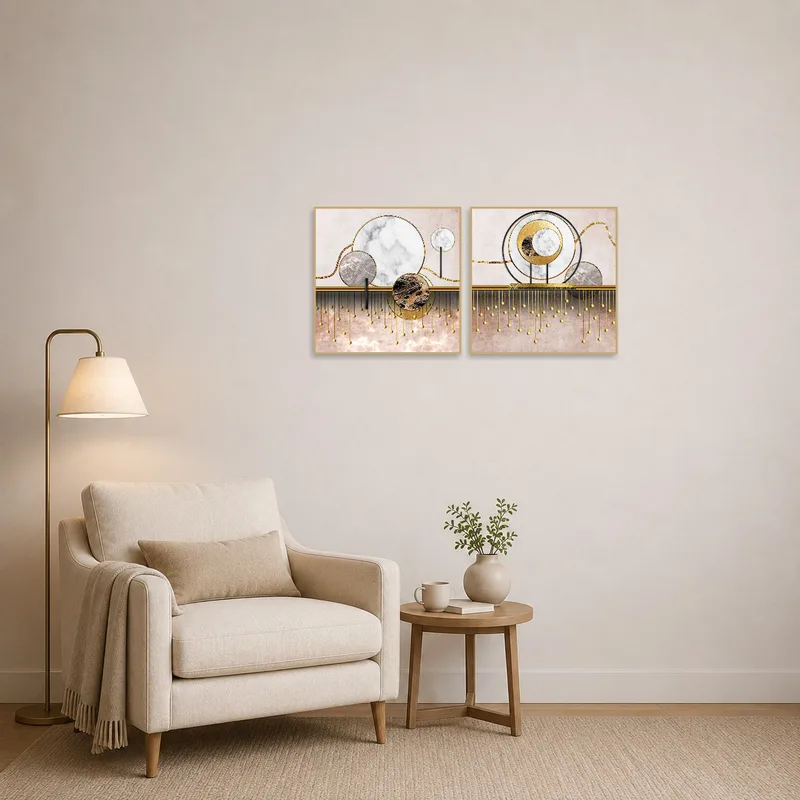 Intricate marble and gold geometric art enhancing a cozy reading corner.