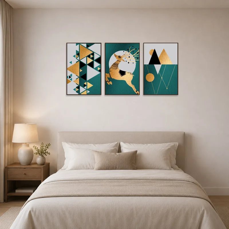 Stylish geometric set above the headboard in a serene bedroom setting.