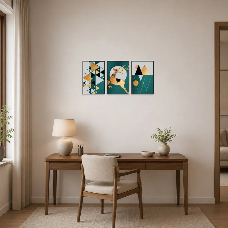 Triptych featuring geometric patterns enhancing a productive home office.