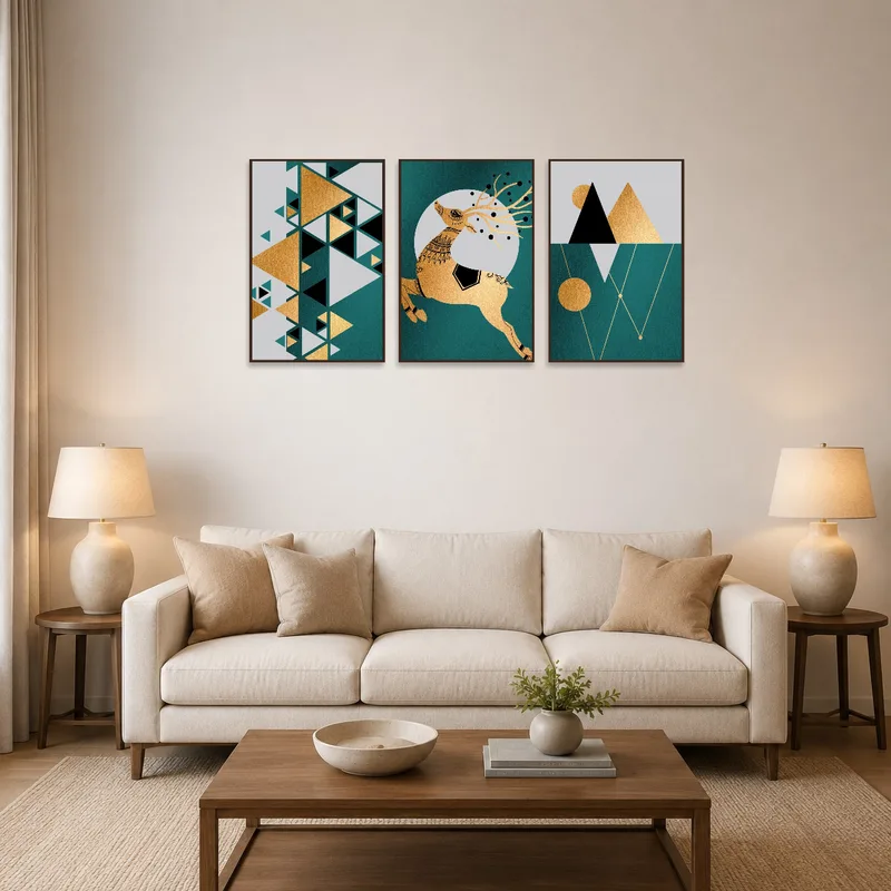 Triptych set with geometric design above neutral-toned living room sofa.
