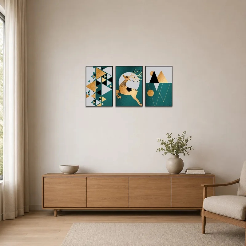 Geometric elegance triptych on a clean white wall in a minimalist space.