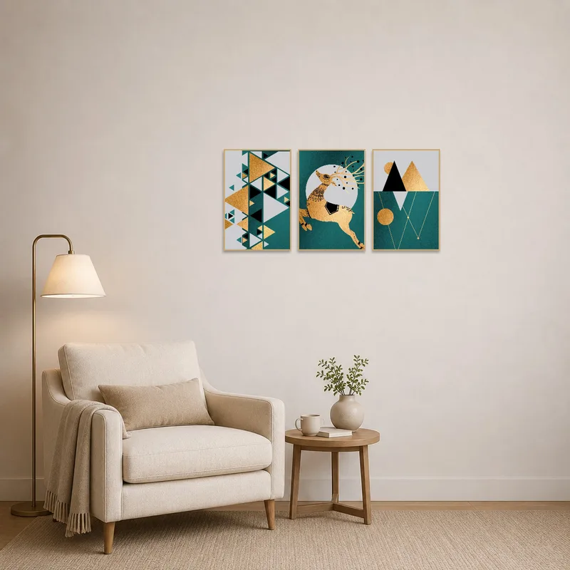 Geometric triptych bringing sophistication to a cozy reading corner.