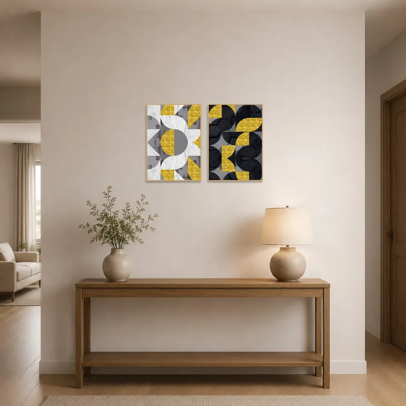 Entrance hall featuring a geometric art set in gold and gray for a stylish first impression.