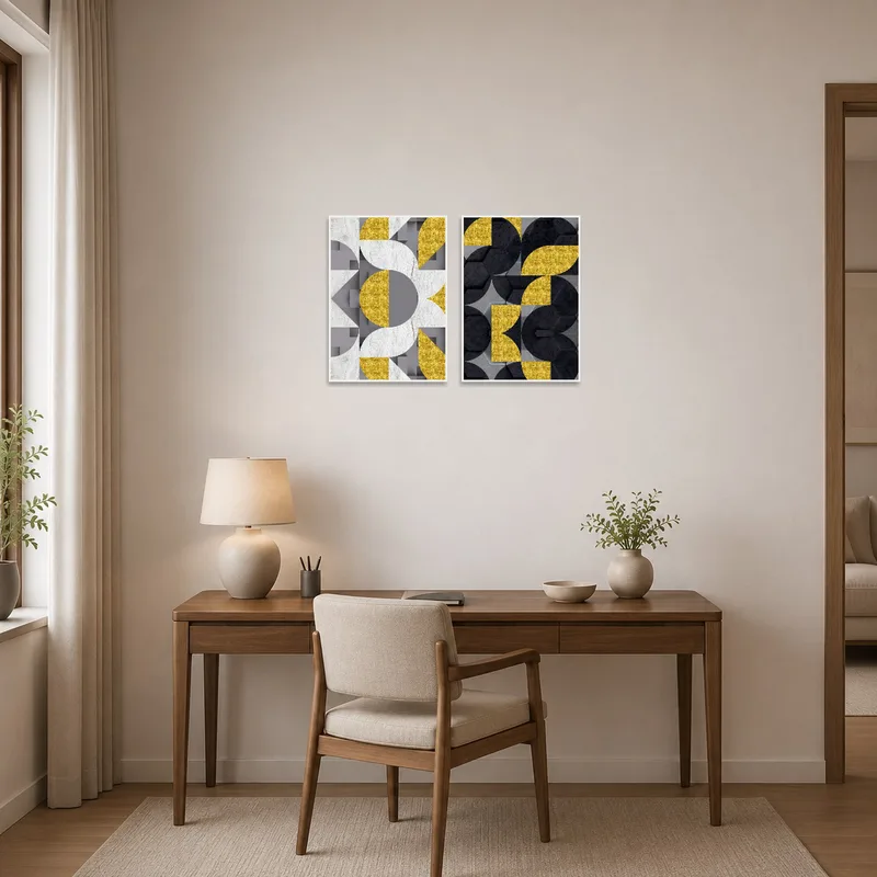 Home office with gold and gray geometric art set, adding elegance to the workspace.