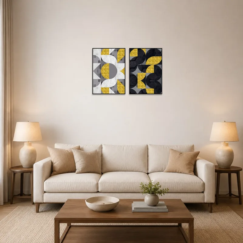 Gold and gray abstract art set on a living room wall above a modern sofa.