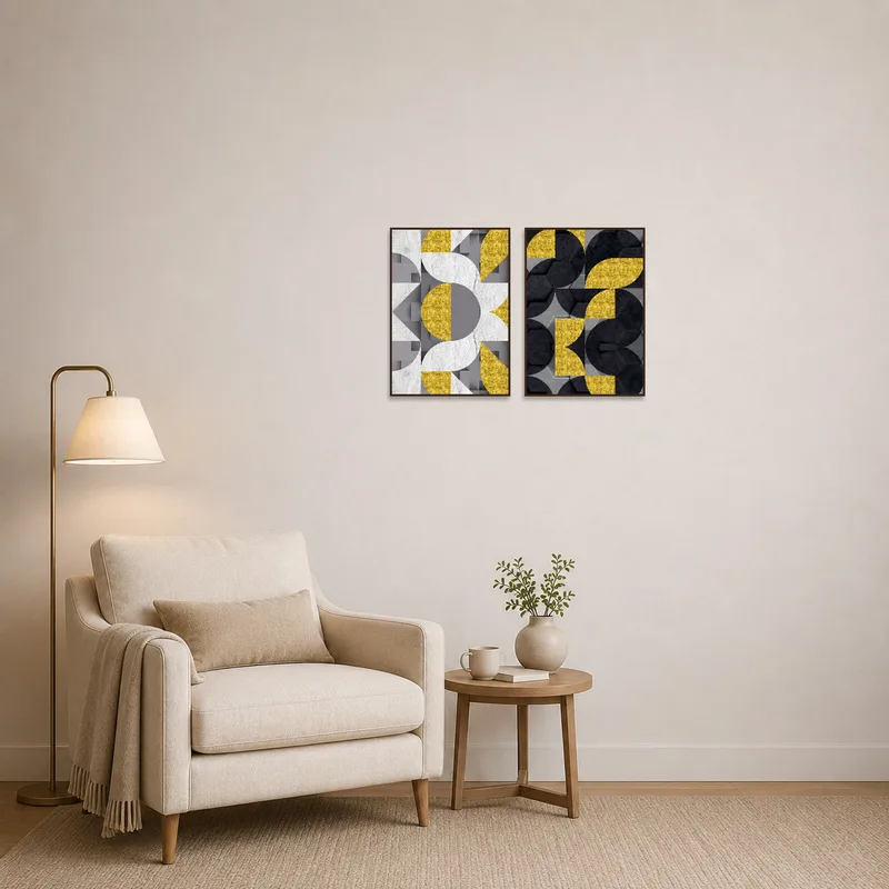 Cozy reading corner accented with geometric gold and gray art on the wall.