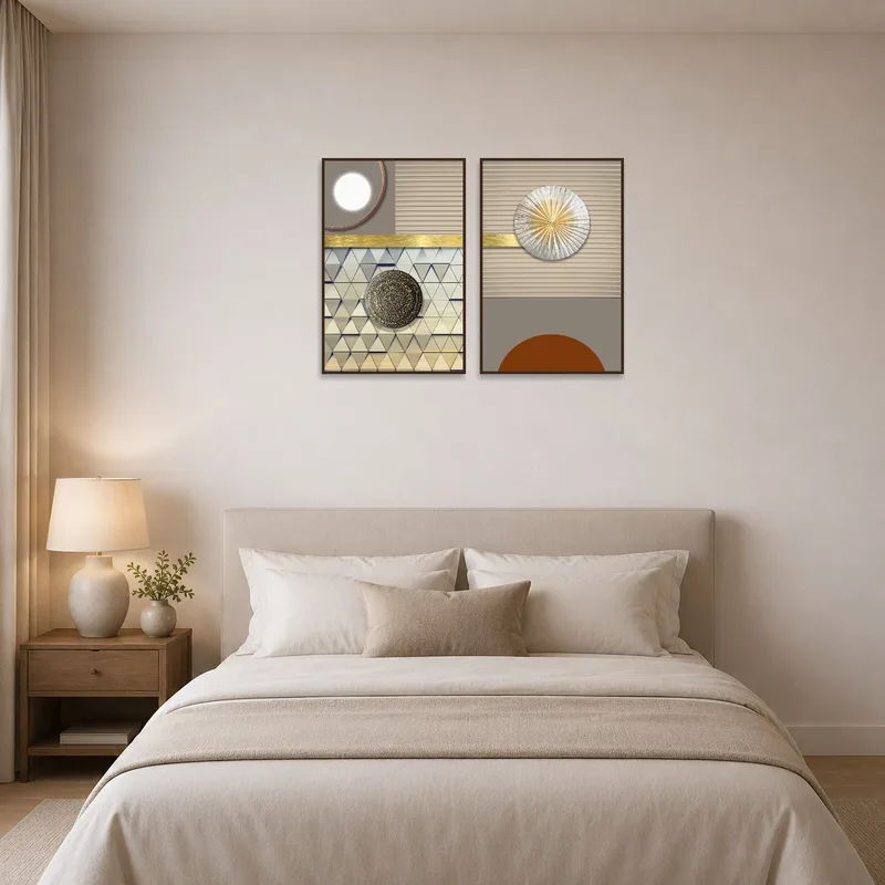 Geometric Elegance Set with Metallic Accents bringing sophistication to a serene bedroom above the bed.