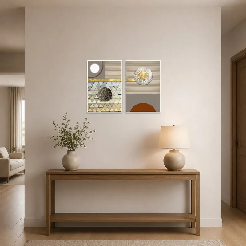 Geometric Elegance Set with Metallic Accents welcoming guests in a stylish entrance hall with a console table.