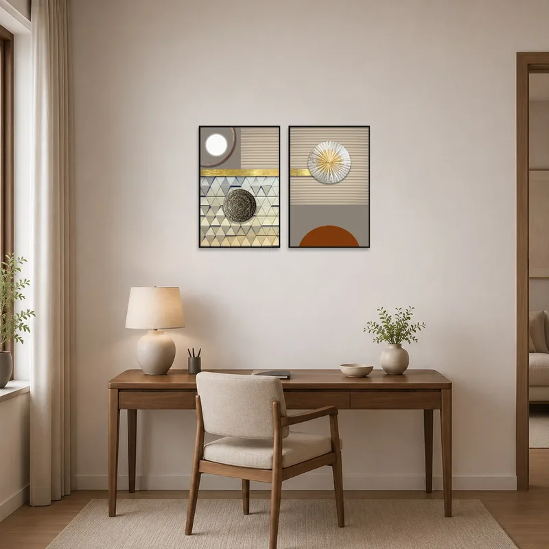 Geometric Elegance Set with Metallic Accents inspiring creativity in a tidy home office workspace.