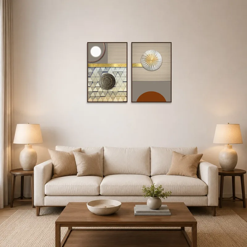 Geometric Elegance Set with Metallic Accents displayed above a modern sofa in a chic living room.