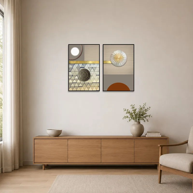 Geometric Elegance Set with Metallic Accents enhancing a clean, minimalist room with sparse furnishings.