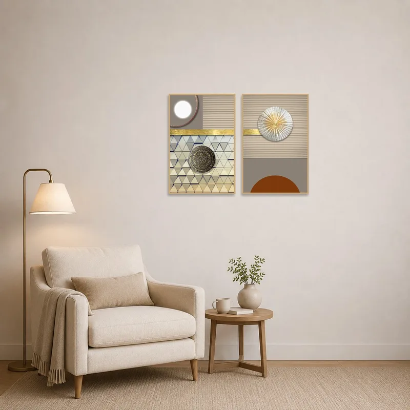 Geometric Elegance Set with Metallic Accents adding intrigue to a cozy reading corner filled with books.