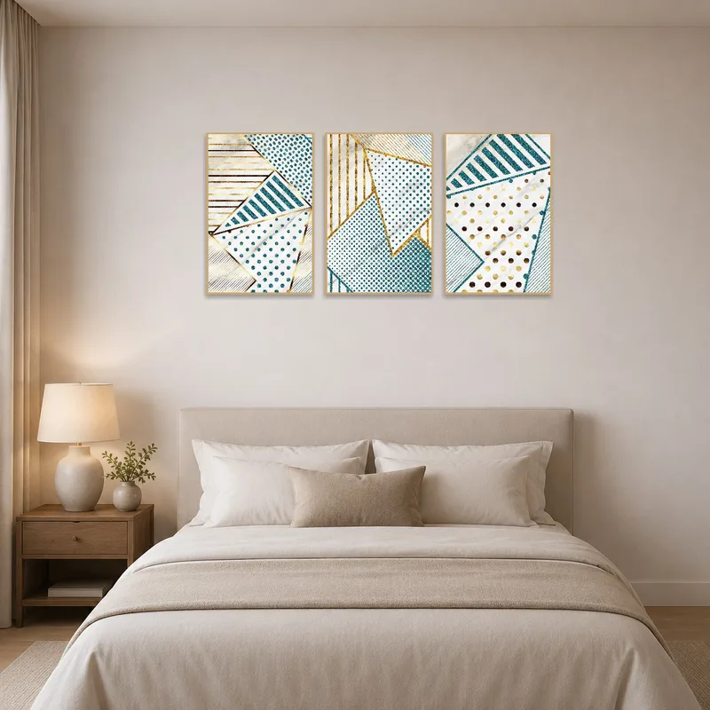 Bedroom retreat with soft lighting and teal-gold abstract art above the bed.