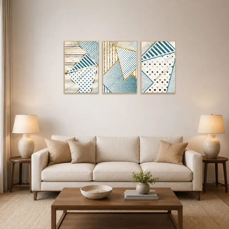 Triptych art featuring teal and gold lines above a modern living room sofa.