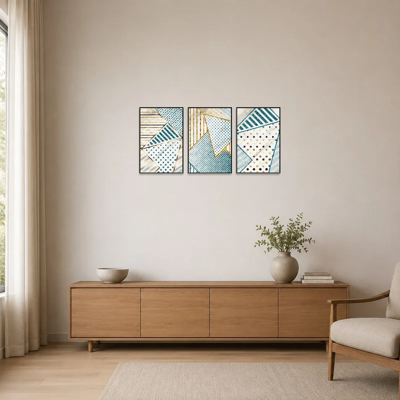 Clean, minimalist space with teal and gold geometric art on a plain wall.