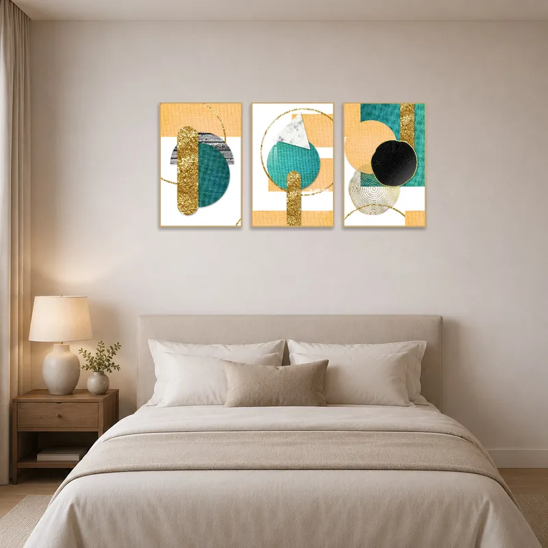 Bedroom adorned with a sophisticated geometric triptych set.