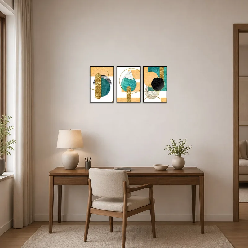 Home office enhanced by a geometric triptych set on the wall.