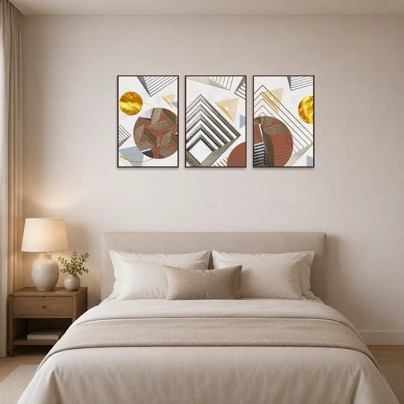 Geometric elegance triptych enhances the serene atmosphere of a tranquil bedroom.