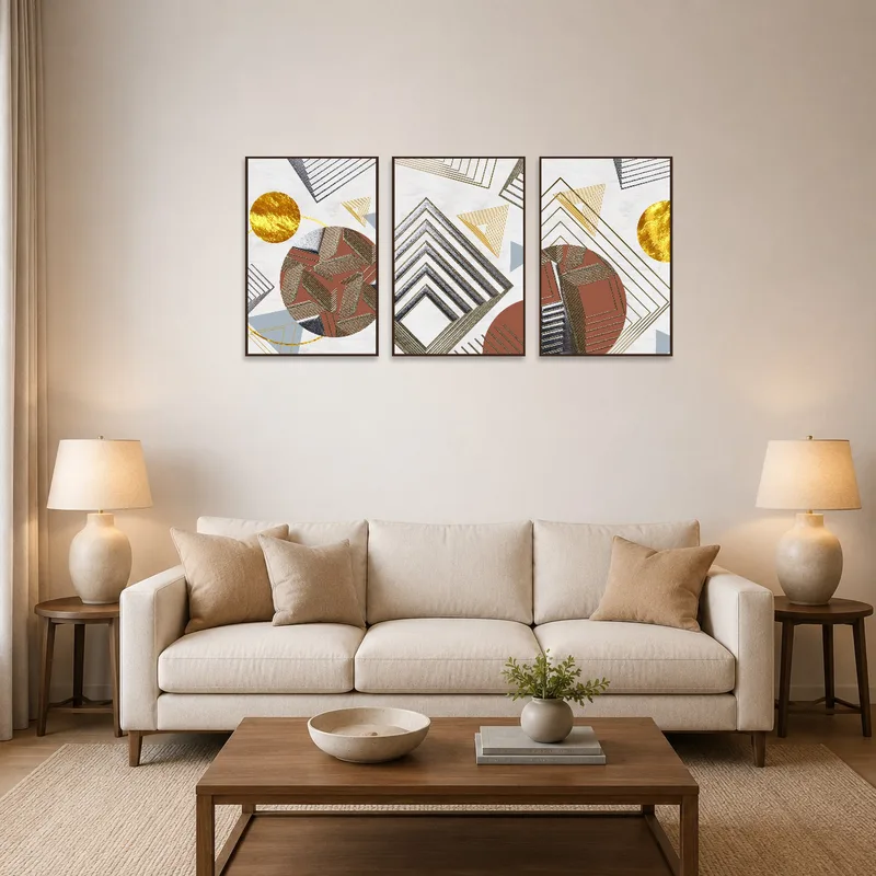Triptych set in earthy tones adorns a stylish living room wall above a modern sofa.