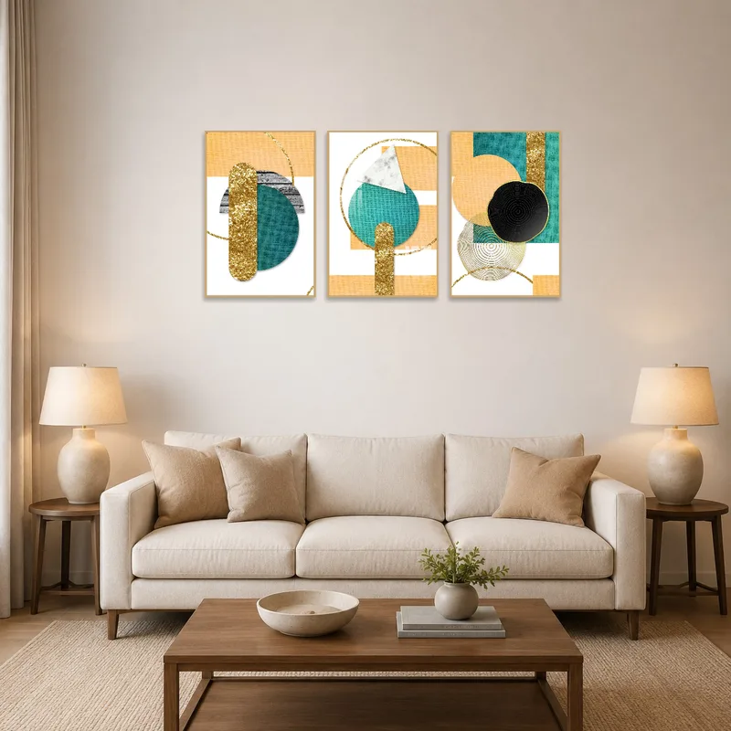 A modern living room with a geometric triptych set above the sofa.