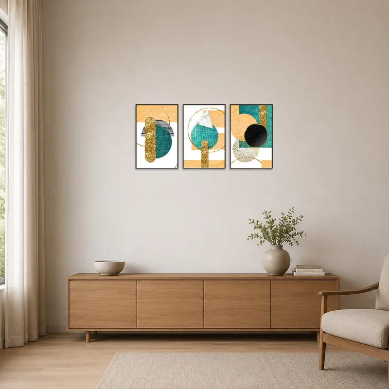Minimalist space featuring a geometric triptych set on a stark wall.