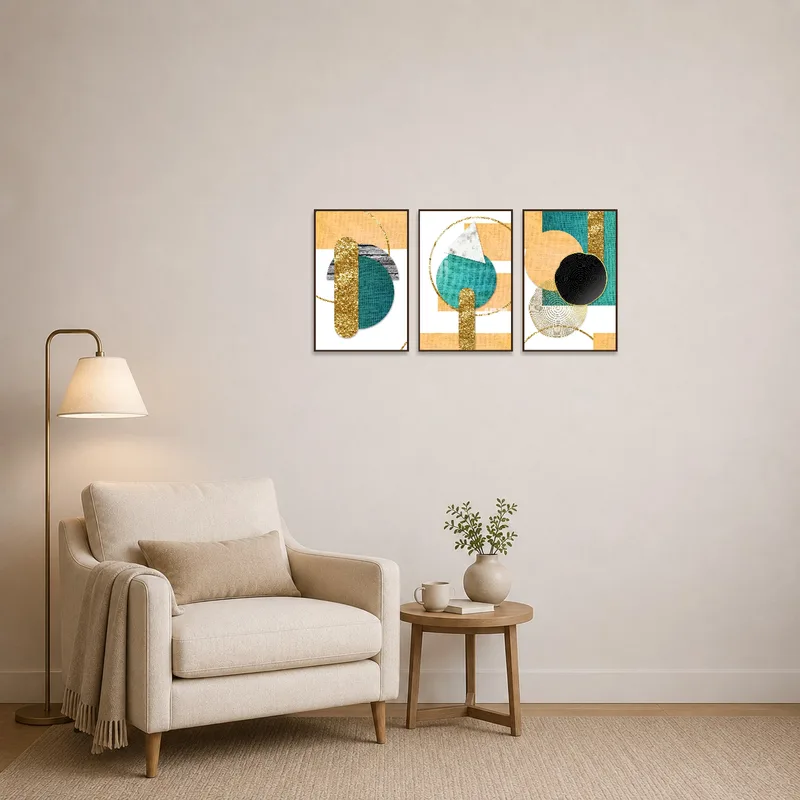 Cozy reading corner with geometric triptych set adding visual interest.