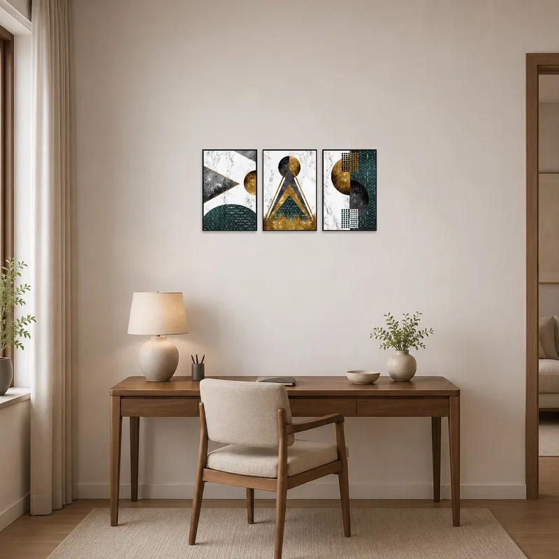 Modern triptych adds an artistic element to a sleek home office.