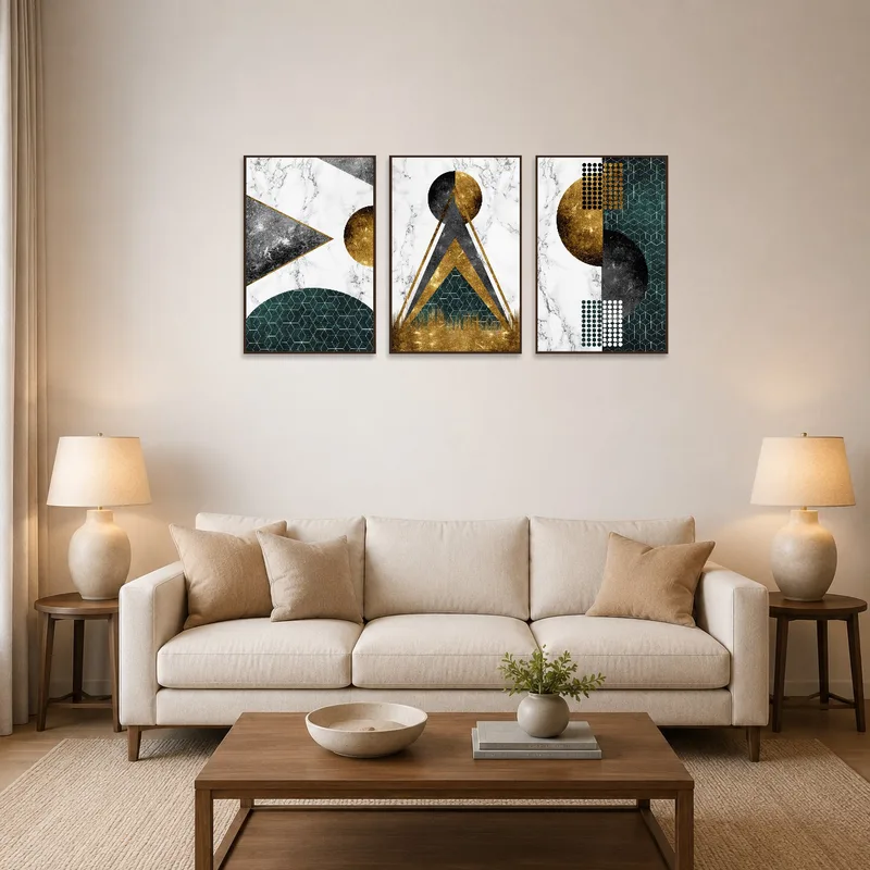 Triptych with gold and marble shapes enhances a chic living room space.