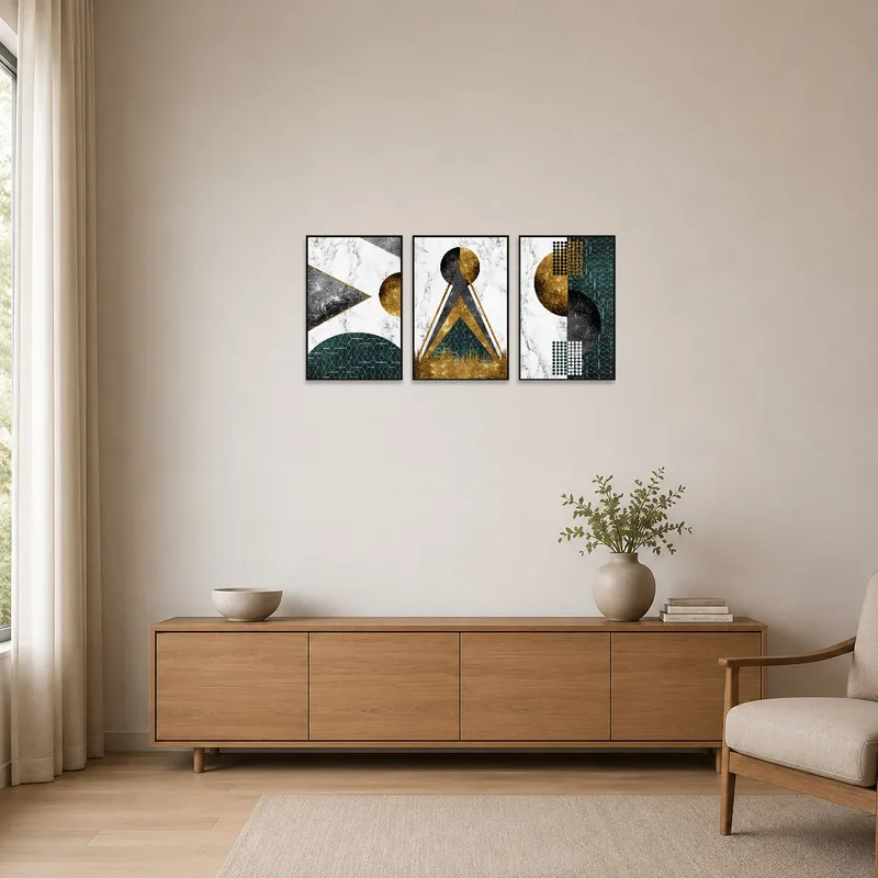 Sophisticated geometric triptych adds flair to a minimalist setting.