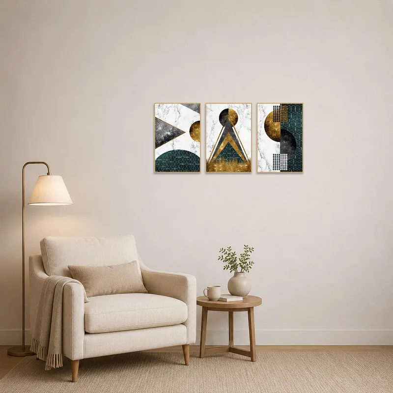 Stylish geometric artwork elevates the ambiance of a cozy reading corner.