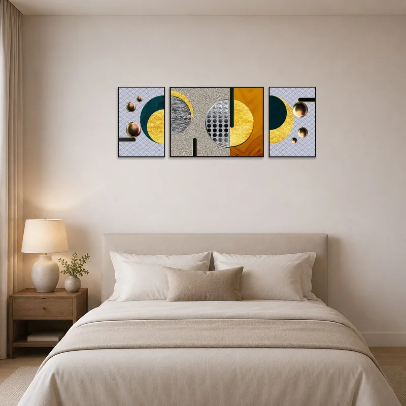 Metallic accented triptych above the bed creates a peaceful ambiance in the bedroom.
