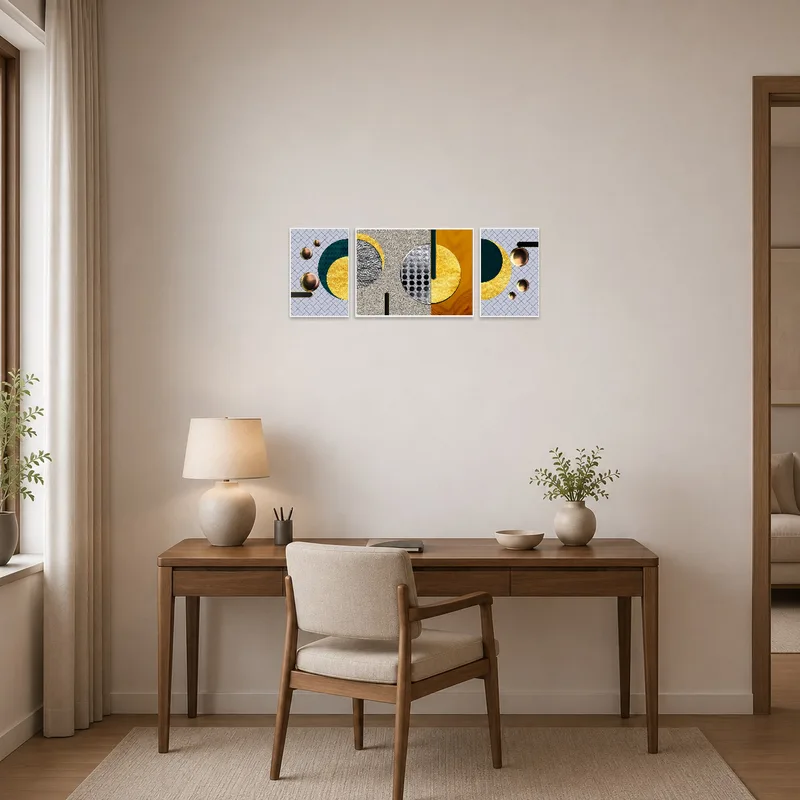 Geometric artwork brings an elegant touch to the home office workspace.