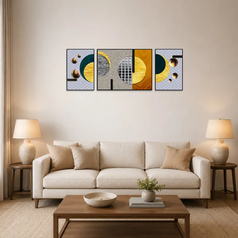 Triptych with metallic accents hangs above a modern sofa in the living room.