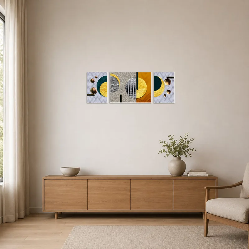 Geometric triptych set against a minimalist wall with sleek decor.