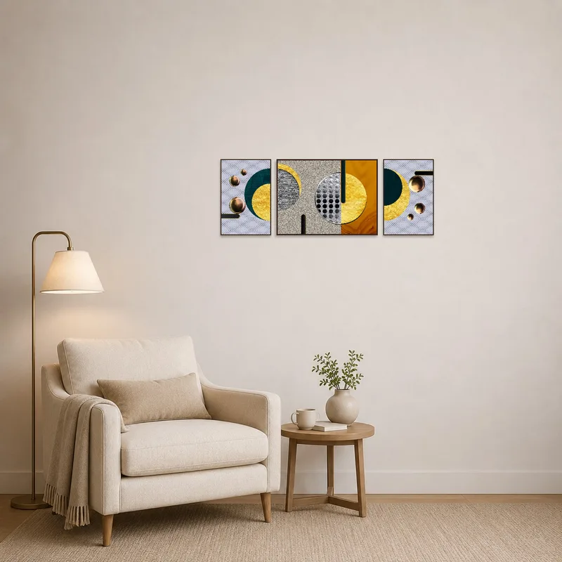 Sophisticated triptych enhances the cozy atmosphere in the reading corner.