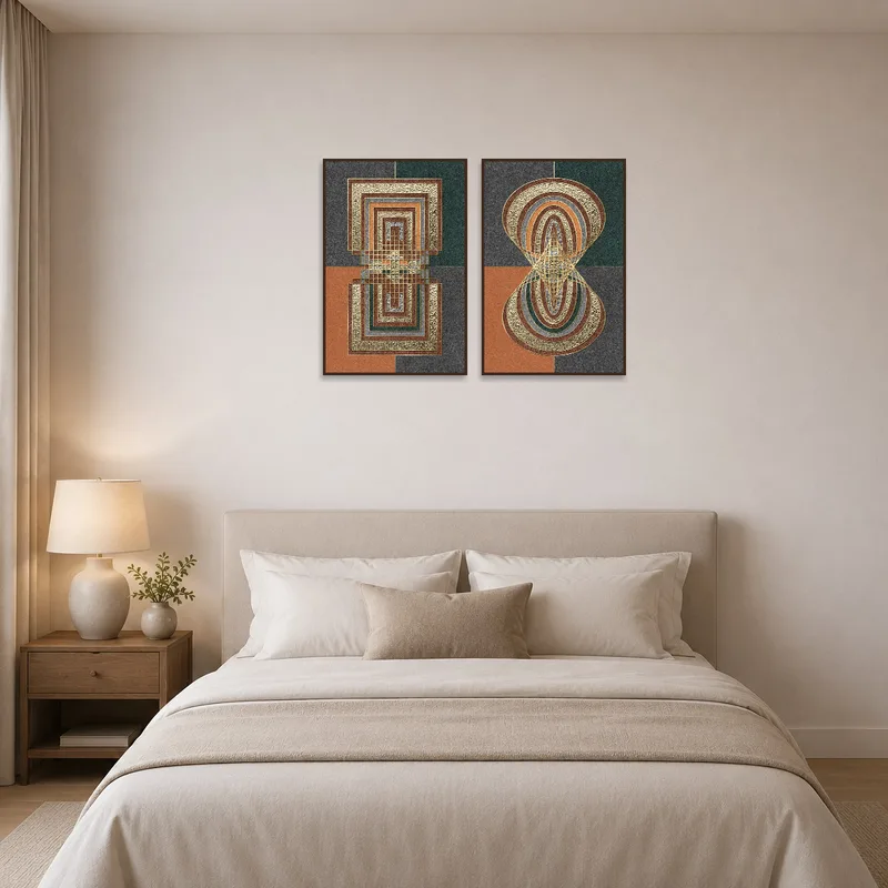 Geometric elegance set enhances the serene bedroom ambiance.