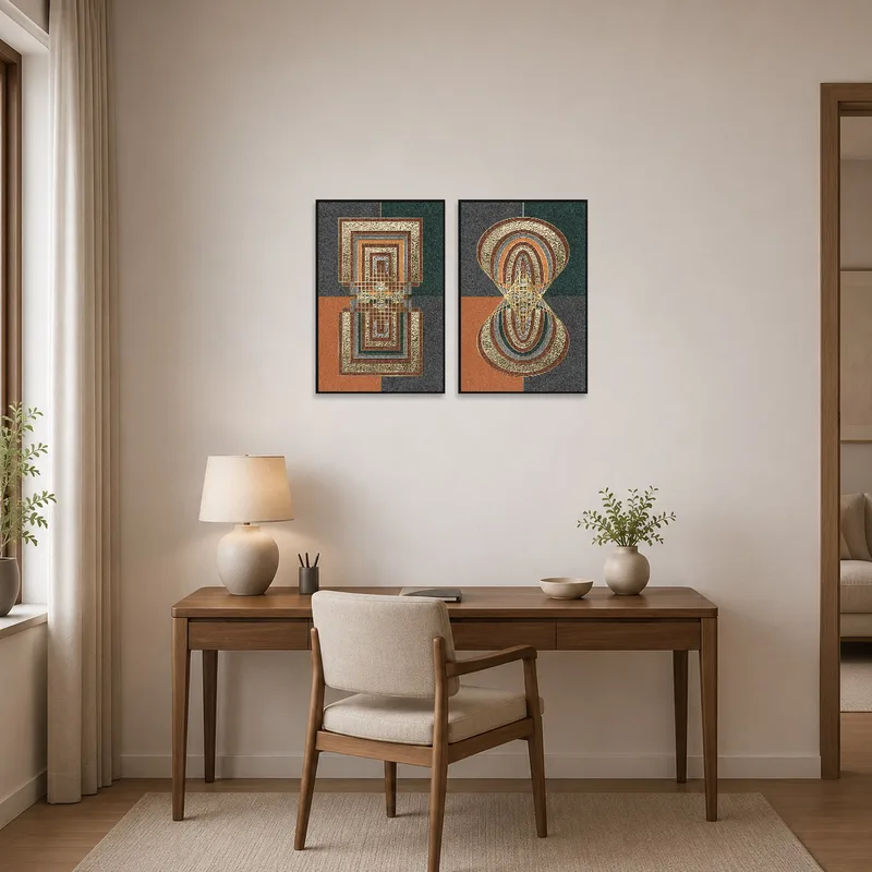 Dynamic abstract pieces liven up the minimalist home office.